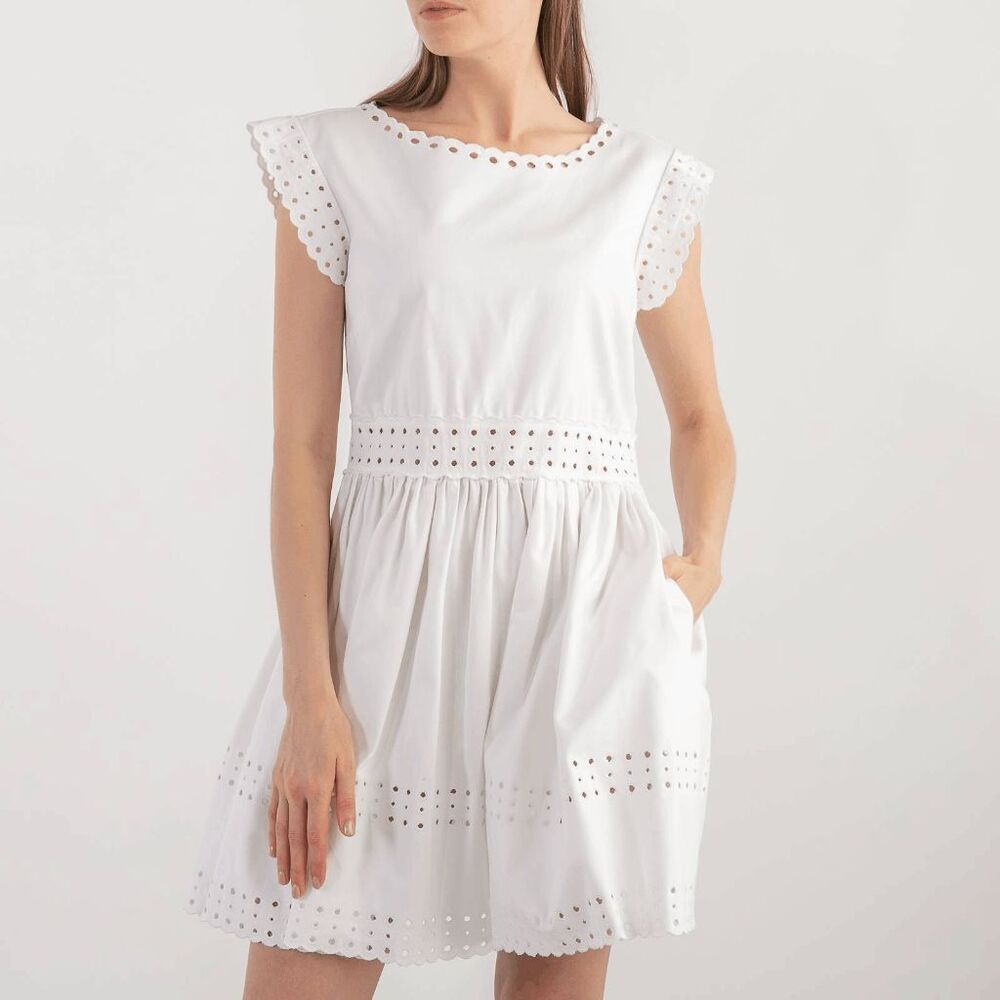 Red Valentino White Cut-Out Cotton Short Sleeve Mini Dress Women's Size 48 US 12